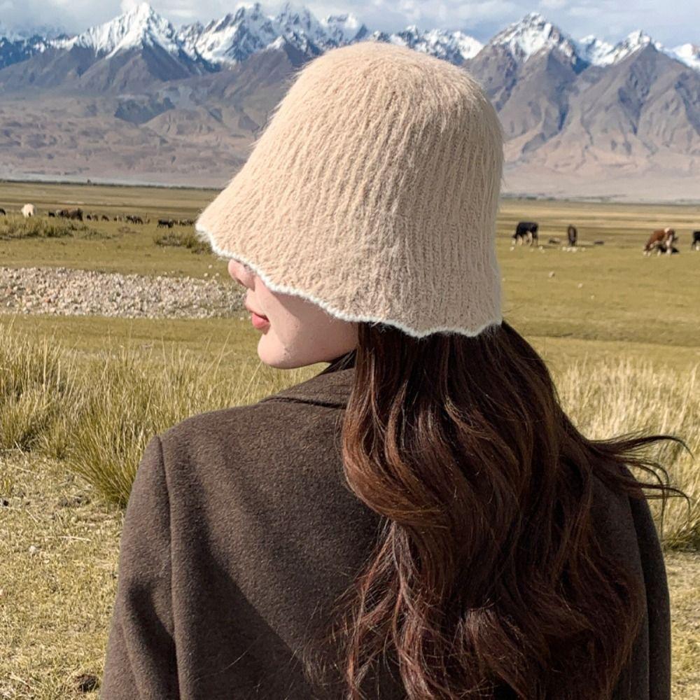 Face Revealing Small Knitted Hat Knitted Basin Hat Sweet Plush Fisherman Hat  Outdoor