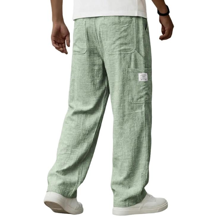 2026 Spring/Summer New Men's Solid Color Breathable Cotton-Linen Pocket Casual Trousers