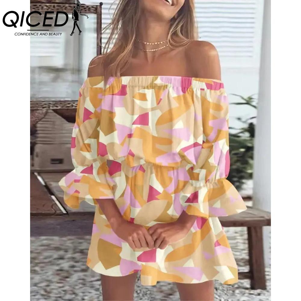 QICED Women's Fashion Summer Spring Solid Color Print 1/2 Sleeves One Shoulder High Waist Casual Dresses