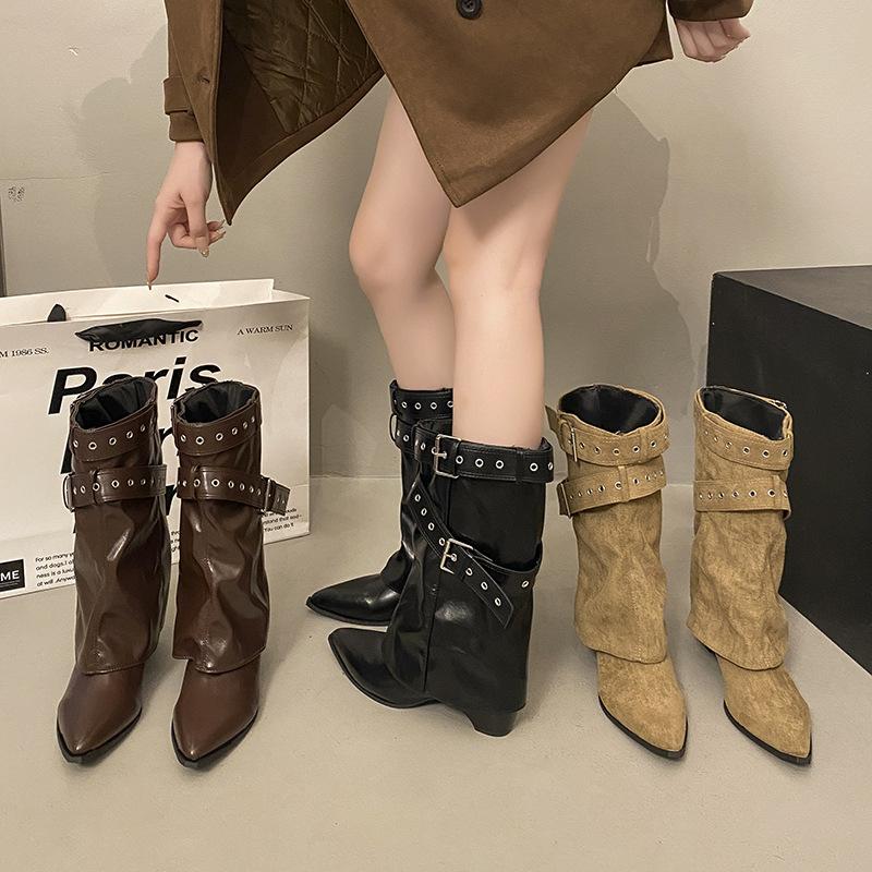 British style pointed head thick high-heeled short boots women's new spring skirt height-increasing and thin trouser boots women's