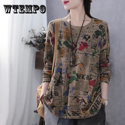 Women Printed Knitwear Vintage Literary Style Loose Top Casual Commuting Round Neck T-shirt Outer Wear Knit Pullover Spring Autumn