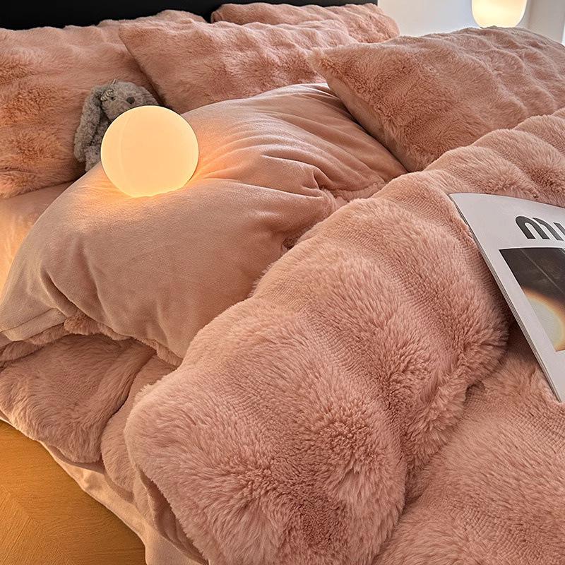 2025 Winter Coral Velvet Bedding Set: Plush Imitation Rabbit Fur Duvet, Fitted Sheet, Bed Sheet, Thickened for Warmth