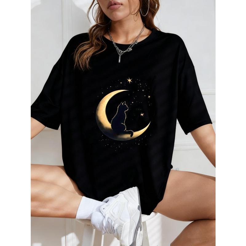 Rundhals T-Shirt Weiß Katze auf Mond und Sterne Druck Freizeitkleidung für Damen Sommer Outfit Streetwear Mode Top