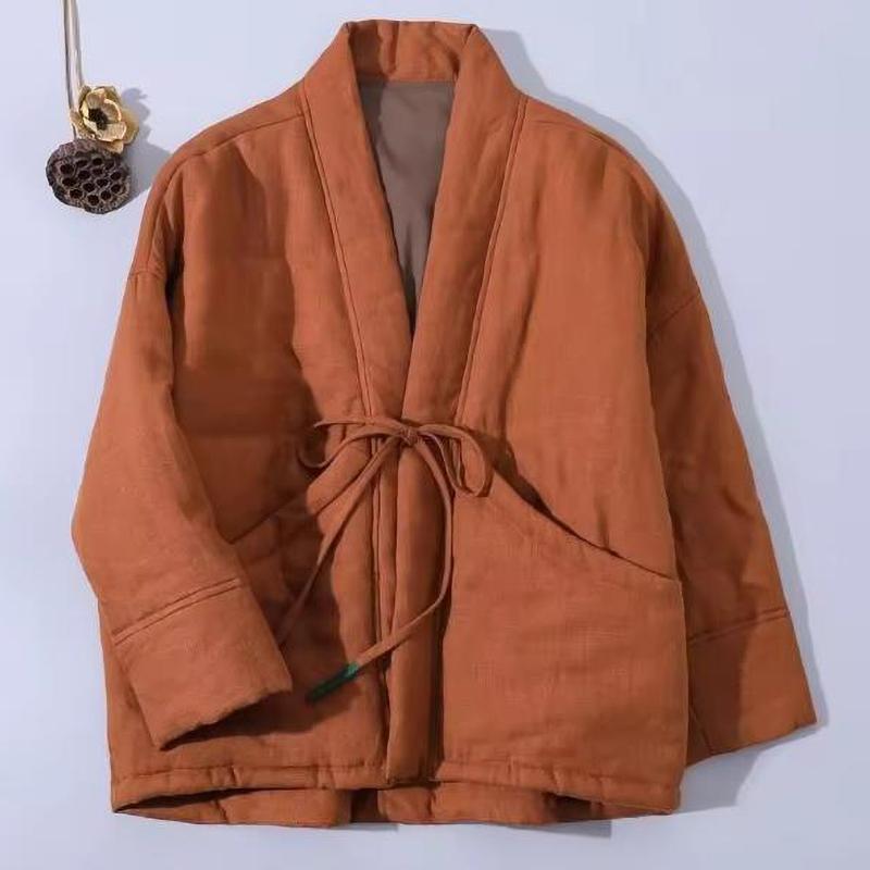 Retro V Neck Tied Padded Coat Fashionable Women's Parka Winter Buddhist Style Loose Overcoat