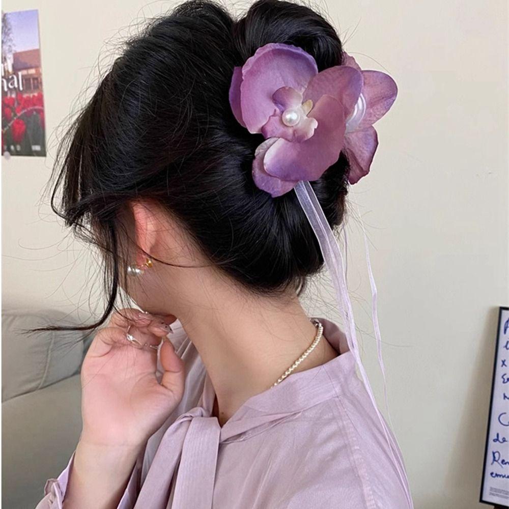 Pearl Flower Hair Claw Butterfly Orchid Large Shark Clip Cute Orchid Hair Clip  Girl