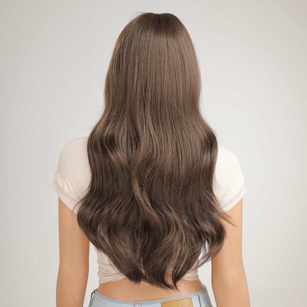 HAIRCUBE Long Brown Blue Highlight Wavy Synthetic Wig Natural Hair Wig for Women Daily Heat Resistant Fake Hair With Bangs