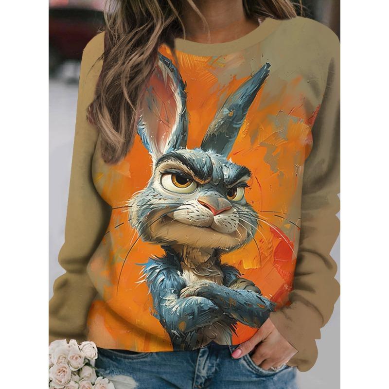 Women's Long-Sleeved T-Shirt for Fall Outdoor Casual Long-Sleeved Top Cartoon Funny Rabbit Print OverSize Women's Clothing