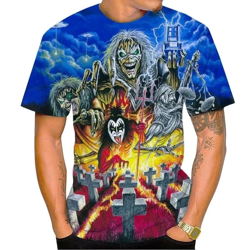 Men's fashionable skull 3D print T-shirt, trendy digital round neck short-sleeved casual top, street style.