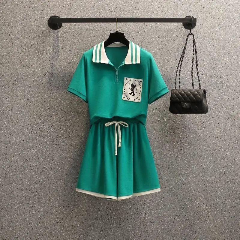 College Tracksuit Women's Sports Suits Short-Sleeved T-Shirt Shorts 2 Pieces Stand Collar Summer Loose Print Simple