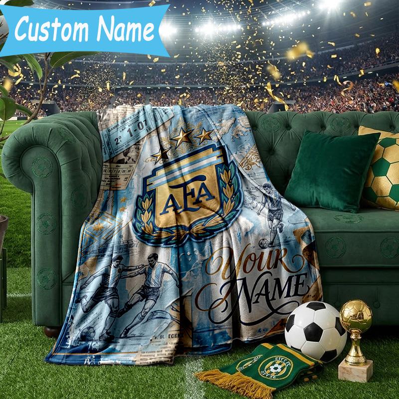Custom Name Argentina Football Team Flannel Blanket, Use for Birthday/Holiday Gift, Soft Blanket for Sofa/Bed/Camping/Office, Home Decor