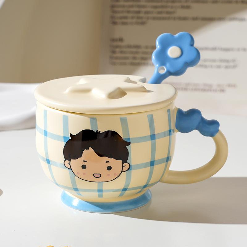 Cartoon Ceramic Cup With Cover, High-Value Household Couple Water Cup Gift Box, Small Gift Idea