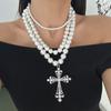 European & American Punk Pearl Multi-Layer Necklace Set with Hollow Cross and Stacked Clavicle Chains