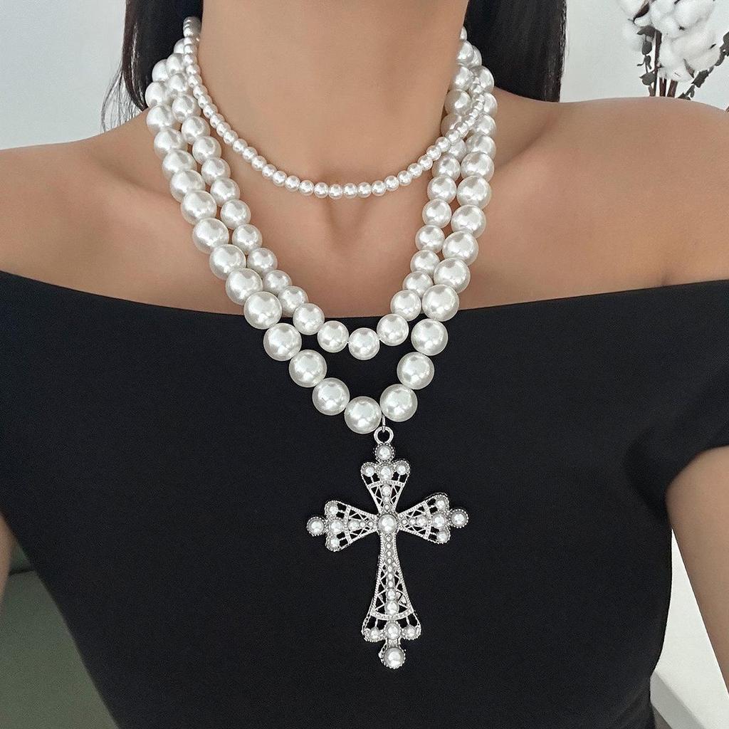 European & American Punk Pearl Multi-Layer Necklace Set with Hollow Cross and Stacked Clavicle Chains