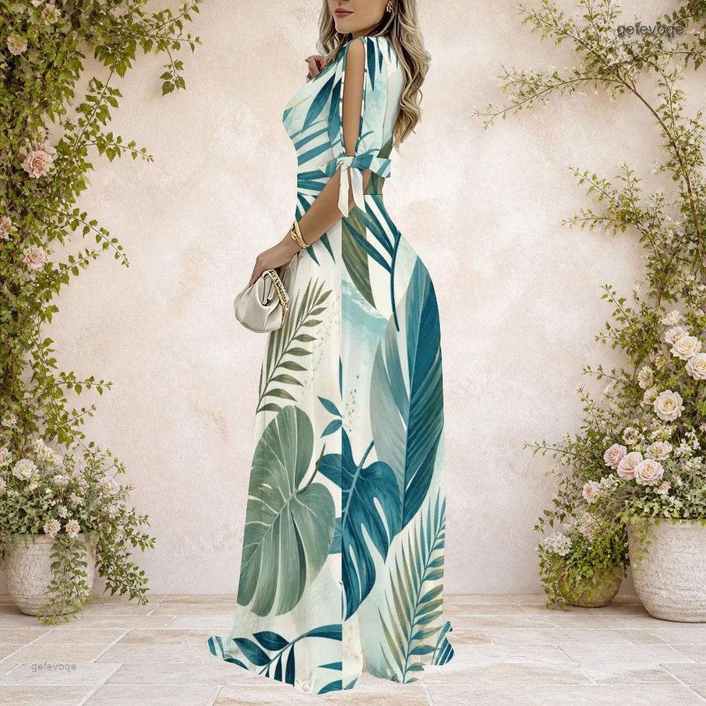 Women Plus Size V Neck Cold Shoulder Short Sleeve Tie Cuff Printed A Line Maxi Dress