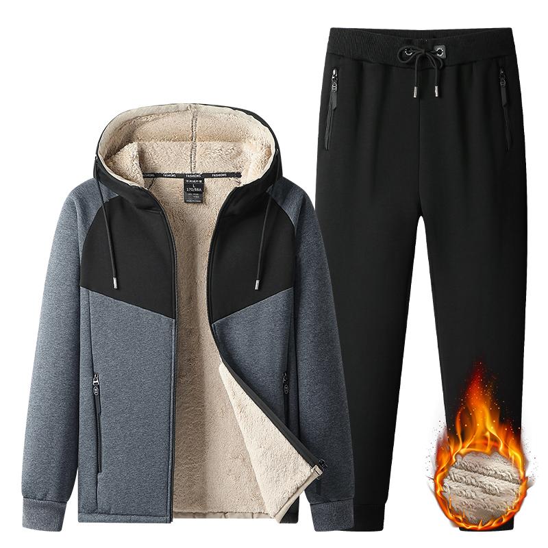 Winter Men Fleece Hooded Casual Sport Suits Man Jogger Run Outdoor Tracksuits Male Thick Sportwear Sets Two Piece Jacket Coat Pant