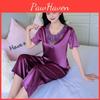 Women Summer Short Sleeve V Neck Pajamas Set Lace Home Clothes Imitation Silk Nightwear Pants Sleepwear Suit