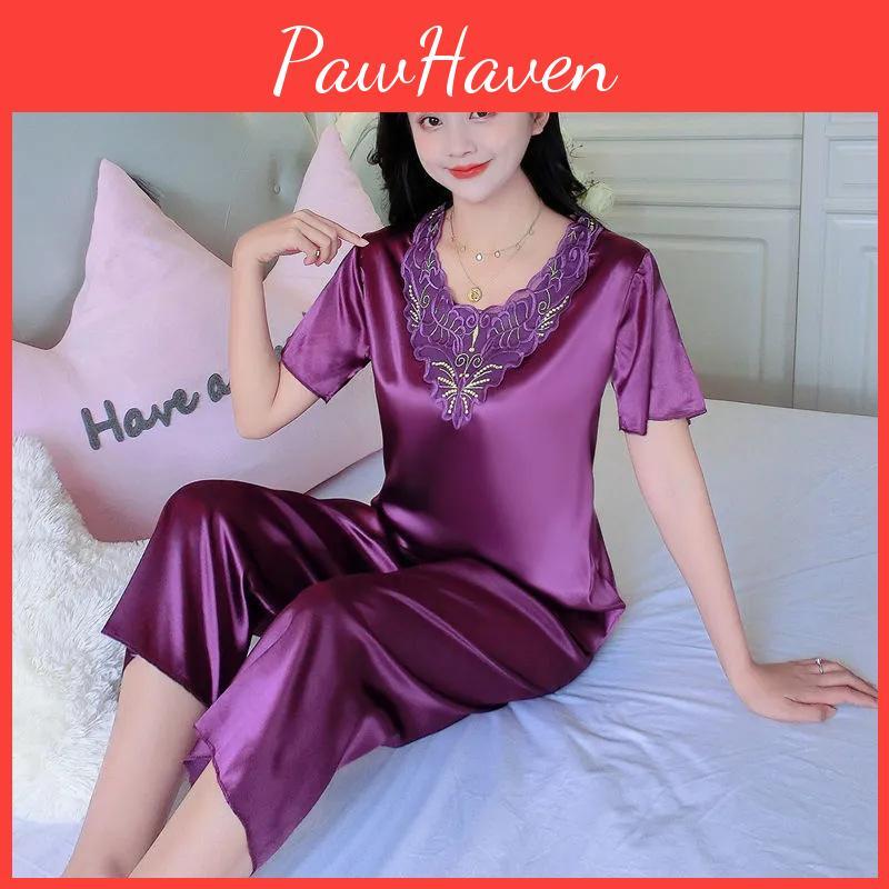 Women Summer Short Sleeve V Neck Pajamas Set Lace Home Clothes Imitation Silk Nightwear Pants Sleepwear Suit