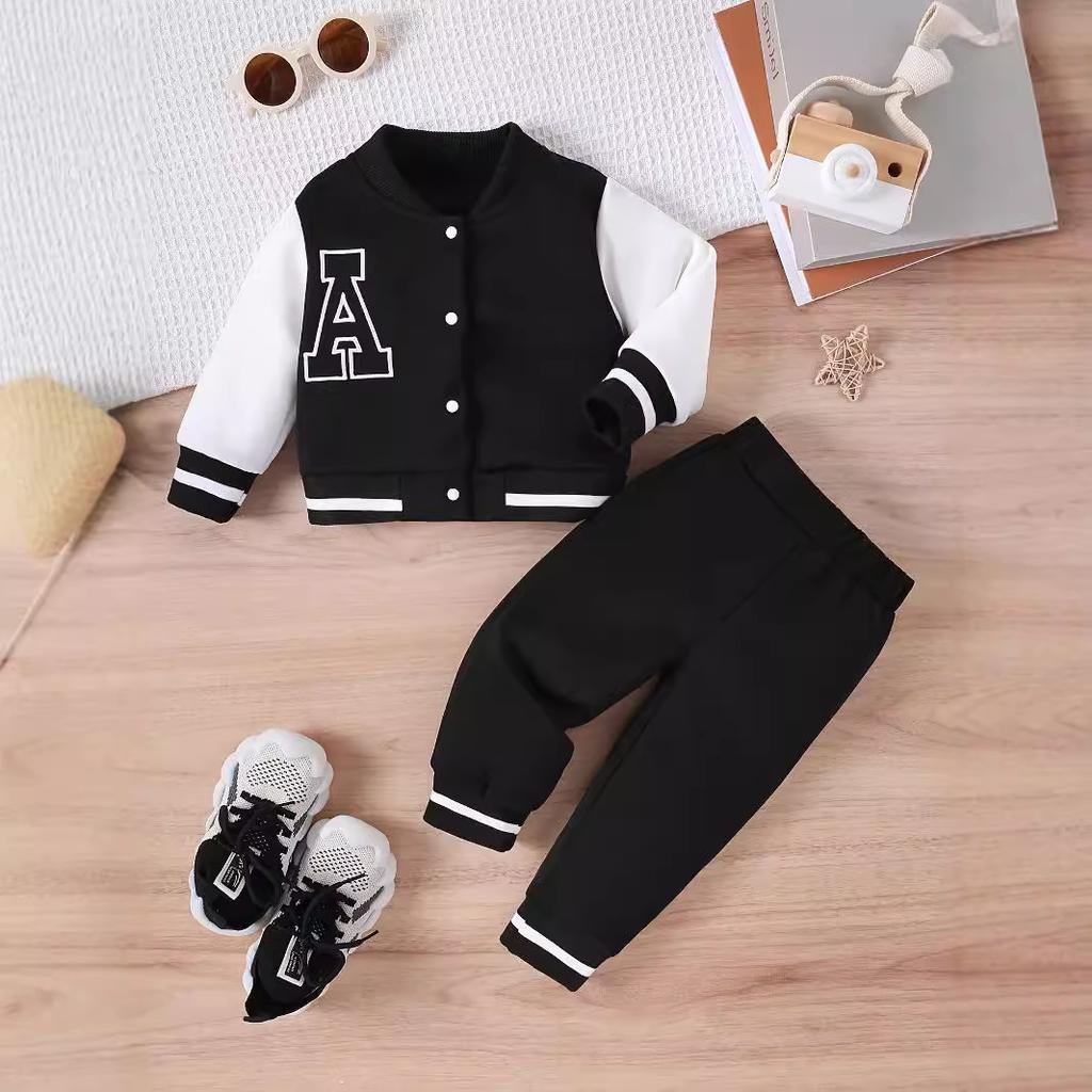 Autumn Baby Clothes Splicing Embroidered Letters Baseball Suit Jacket + Casual Trousers Two-Piece Set