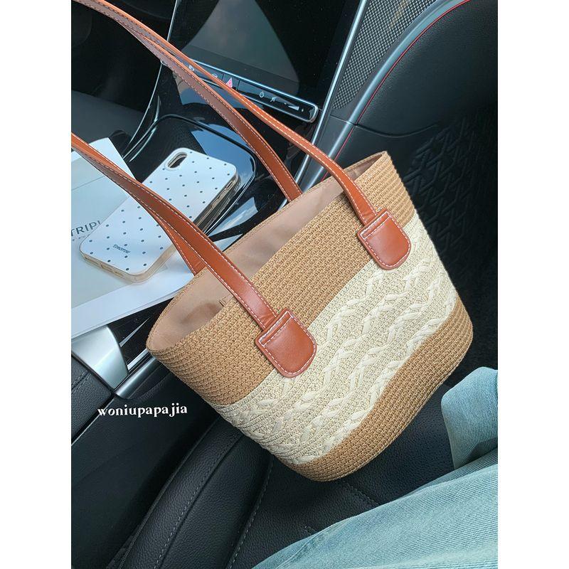 

Straw Woven Bag Women s Large Capacity 2025 New Arrival Vacation Beach Straw Bag Woven Bucket Bag Vegetable Basket Seaside Tote Bag Wheat Ear Khakis Spelling Rice [small size]]