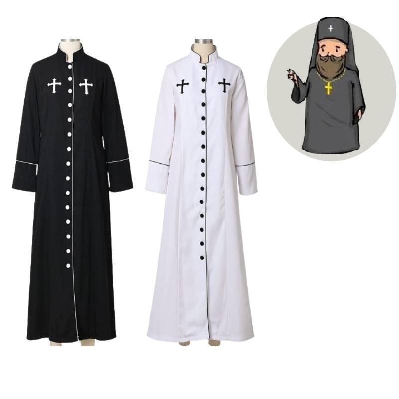 Women's Priest Robe With Stand Collar Roman Cassock Belt Street Style White/black Xs-5xl