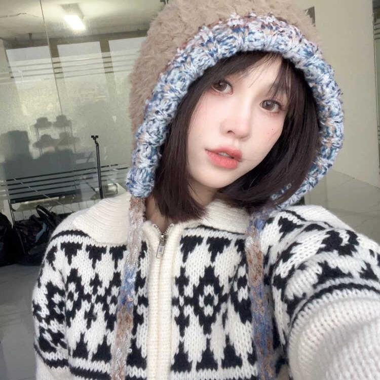Autumn and Winter New Plush Ear Protection Bag Head Hat Women's Warm Versatile Wool Knitted Hat Mixed Color Drawstring