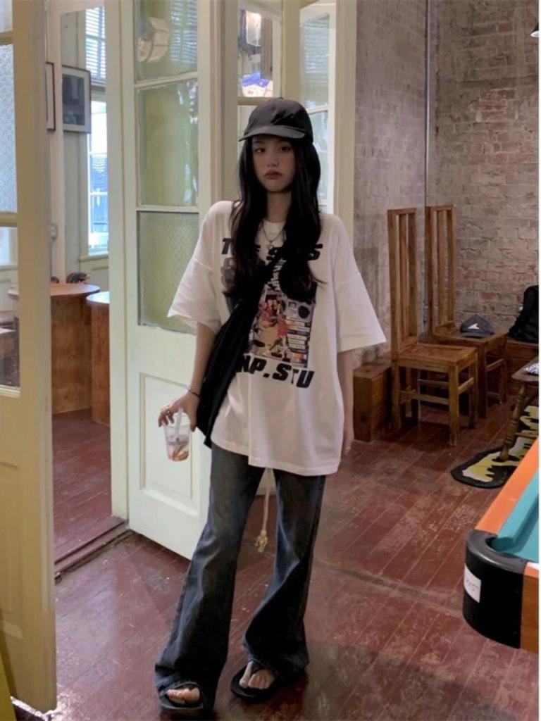 American Retro Trendy Plus Size Women's Pure Cotton Short Sleeve Summer Mid-length Casual Top