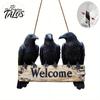 Vintage Style Wall Plaque Halloween Crow Door Hanger Sign, Wooden Black Welcome Gothic Natural Hemp Rope Sign Hanging Plaque, Rustic Outdoor Decor for