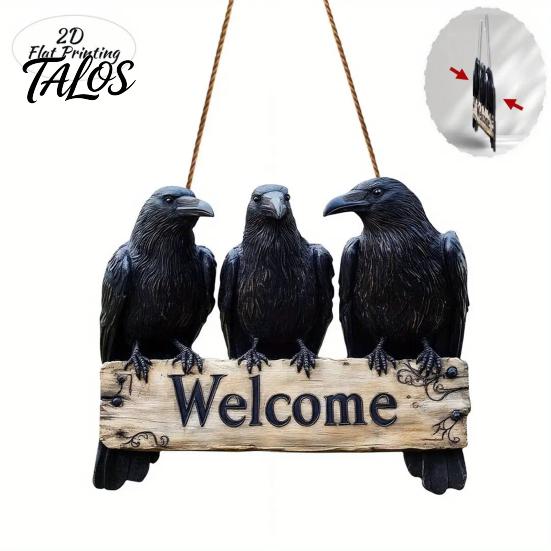 Vintage Style Wall Plaque Halloween Crow Door Hanger Sign, Wooden Black Welcome Gothic Natural Hemp Rope Sign Hanging Plaque, Rustic Outdoor Decor for