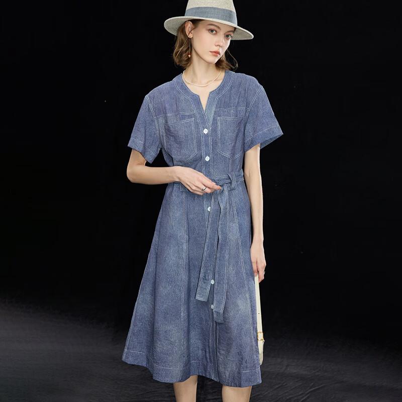 Heavyweight Mulberry Silk Denim V-Neck Drop-Shoulder Long Dress with Belt