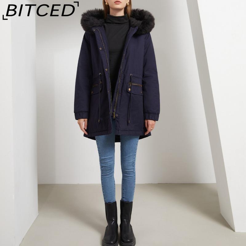 BITCED Fall/Winter Puffer Jacket for Women with Fleece Lining, Fur Collar, Hooded Warm Coat, Loose-Fit Cotton Jacket