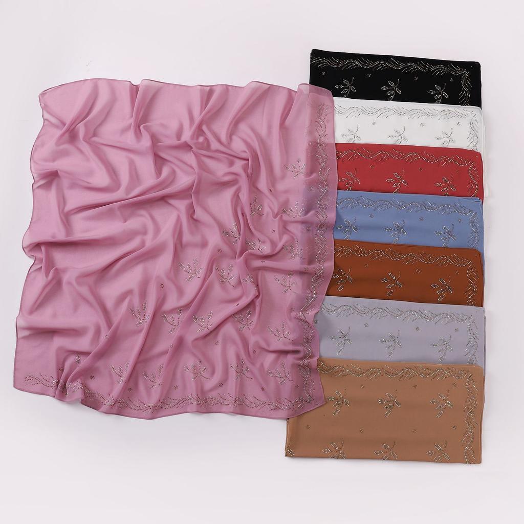 90Cm New Chiffon Hijab With Rhinestones Diamonds Scarf Shawls Solid Headscarf Wraps Ramadan Eid Hijabs Glitter Headband Turban