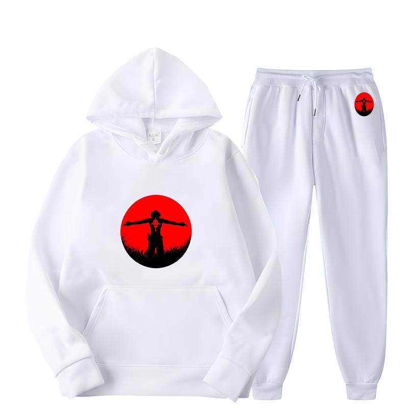 Redroundart Men Hoodie & Jogger Set, Trendy Figure Silhouette Within Red Circle Art Print, Thick Fleece Sport Two Piece Set for Street Leisure