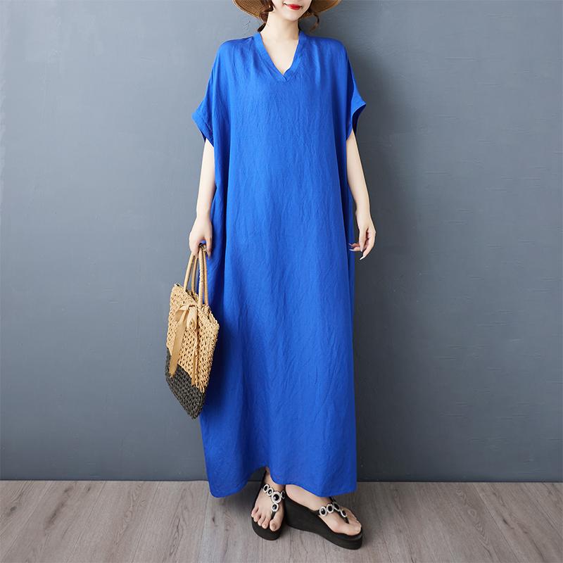 Dimanaf New 2025 Plus Size Summer Dress Women Solid Vintage Casual V-Neck Beach Dress Loose Dress Maxi