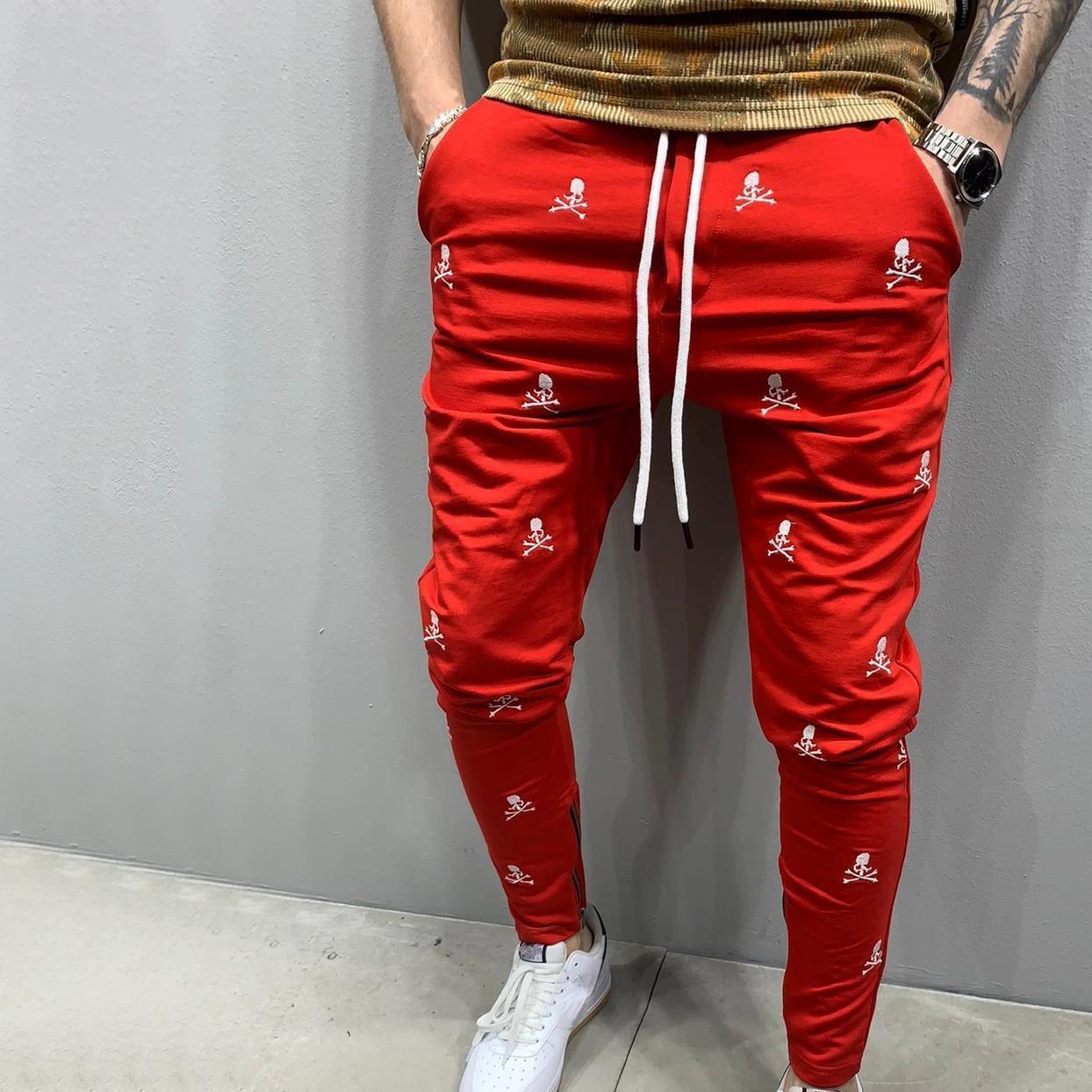 

Готический череп с полным принтом, повседневные мешковатые мужские спортивные штаны, вельветовые прямые спортивные штаны, мужские длинные брюки в стиле хип-хоп M красный