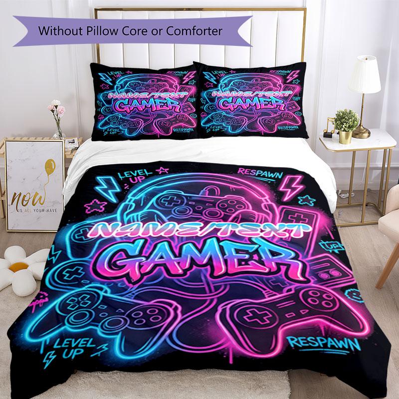 3PC Custom Name Neon Gamer Vibes Bedding Set Printed  Bedding Set Duvet Cover Closure Includes 1 Duvet Cover & 50 Pillowcases for Bedroom
