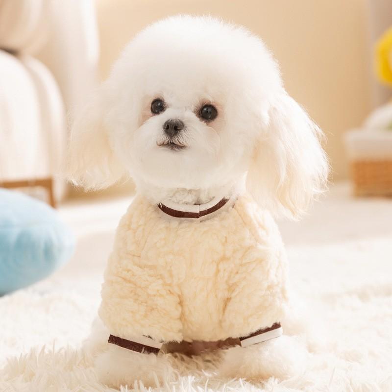 Warm Winter Dog Sweater With Lamb Fleece Cute Embroidered Sheep Design Harness-Compatible Two-Leg Pet Coat Teddy Bichon