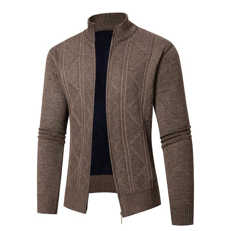 Young Casual Men Stand Collar Plus Velvet Thickened Cardigan Knitted Jacket Jacket Zipper Jacquard Knitted Thread Men