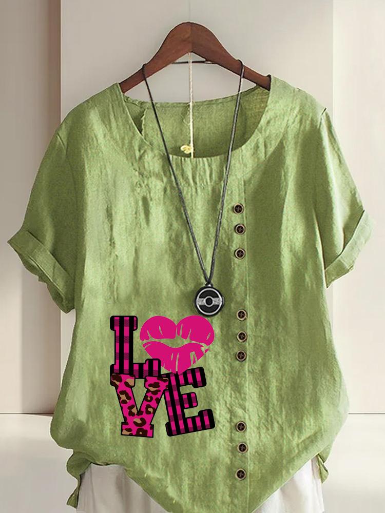 

Women s Fashion Love Letters Print Shot Sleeve T-shirt Loose Cotton Shirt Casual Loose Summer Blouse Tops Plus Size 5XL зелений