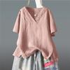 Sommer Nationalstil Einfarbig Retro Einfarbiges Oberteil Große Größe Lässig Locker Hanf Kurzarm Pullover V-Ausschnitt T-Shirt Damenbekleidung