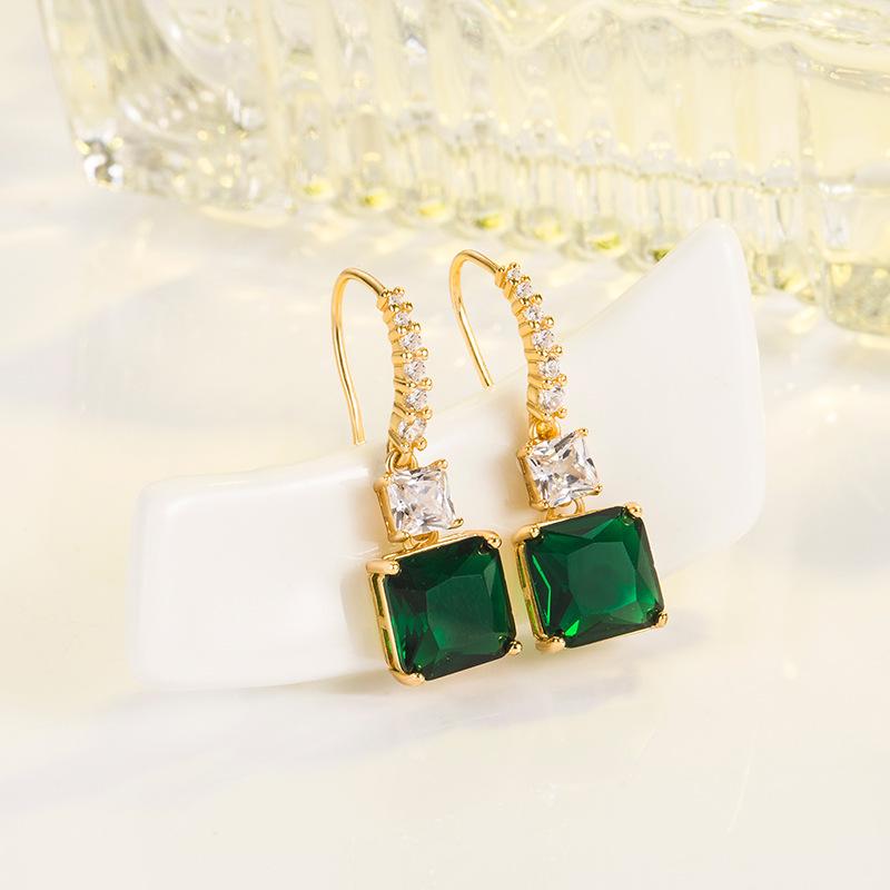 18K Gold Korean Style Square Emerald Zircon Earrings for Women