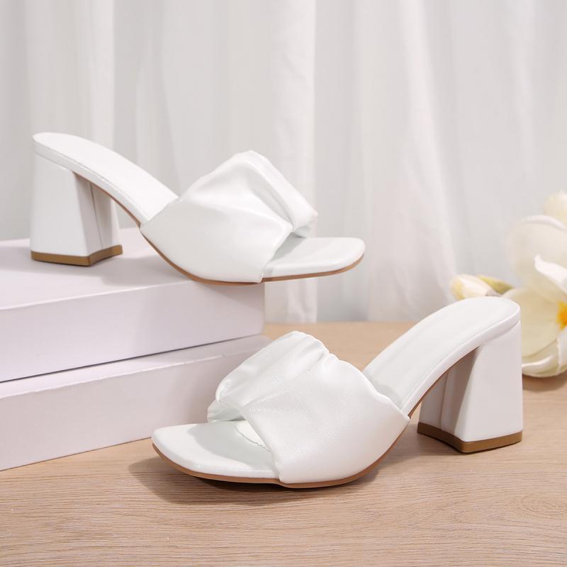 Fashion Concise Square Toe Slippers Women 2025 Summer Square High Heels Wrinkled Decoration Slides Women Slip On Plus Size Daily Shoes
