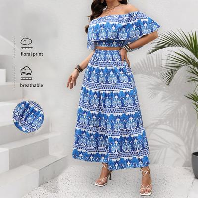 Spring/summer Women's Holiday Casual Printed One-line Neck Crop Top Long Skirt Suit