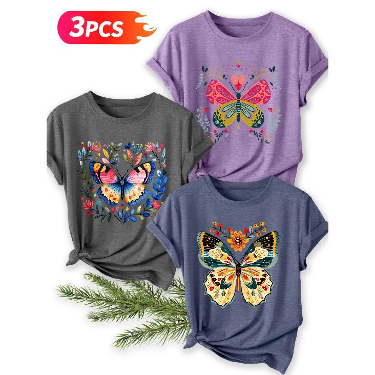 Three-piece Set Vintage Butterfly Print Short-sleeve Retro Round Neck T Fresh and Natural Style Loose-fitting Shirt 2026 Elegant Spring and Summer