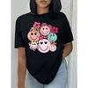 Womens Unisex Smiling Face Floral Print Tee Black White Crew Neck Short Sleeve Soft Breathable Lightweight Machine Washable Regular Fit Summer Casual