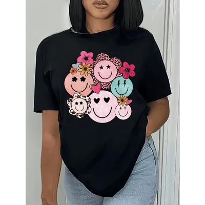 T-shirt da Donna Unisex con Faccina Sorridente e Stampa Floreale Nera Bianca Girocollo Manica Corta Morbida Traspirante Leggera Lavabile in Lavatrice Vestibilità Regolare Estiva Casual