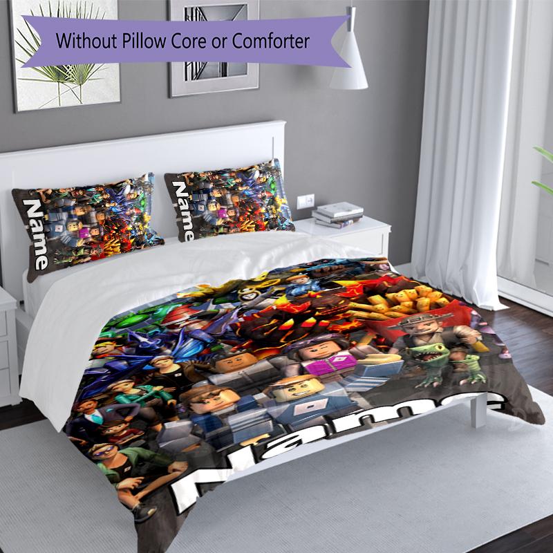 3pcs Custom Name Gaming Roblox Bedding Set,Includes 1 Duvet Cover and 2 Pillowcases,All-season Bedroom Decor