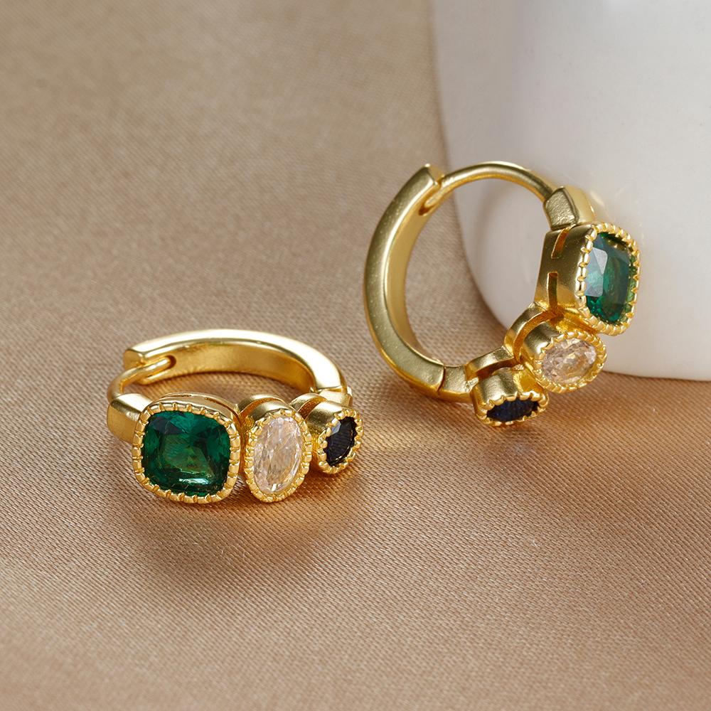 Vintage Gold Color Stainless Steel Circle Hoop Earrings Fashion Green White Blue Cubic Zirconia Circle Earrings Trendy Jewelry