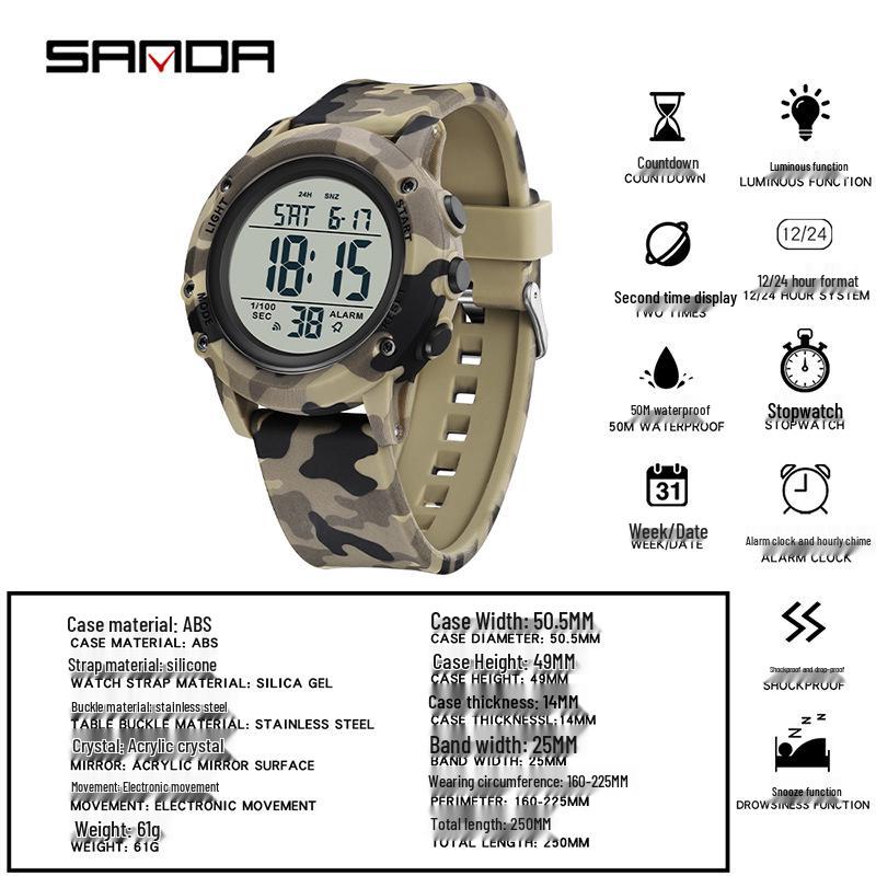 Sanda Youth Camouflage Luminous Multifunctional Waterproof Sports Watch