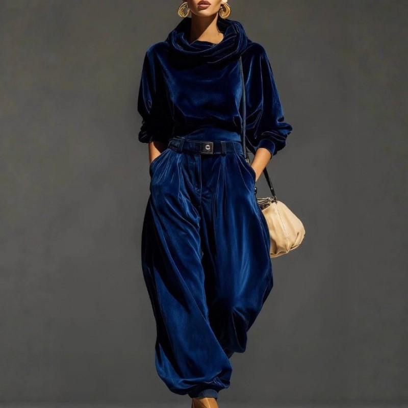 Womens Velvet Hooded Long Sleeve Lounge Set With Elastic Cuffs Loose Fit Pants