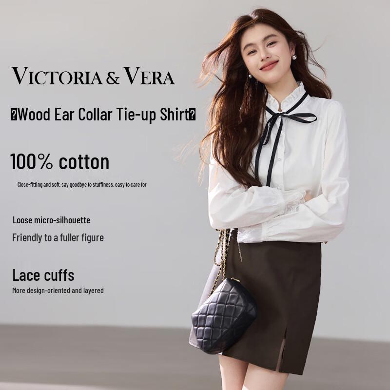 VICTORIA&VERA French Ruffle Collar Long Sleeve Cotton Shirt M